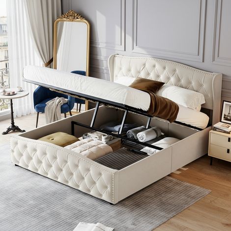 Letto contenitore 160 x 200 cm con vano portaoggetti, lavorazione capitonné, pistoni idraulici e rete a doghe, letto matrimoniale moderno, beige (1/5)