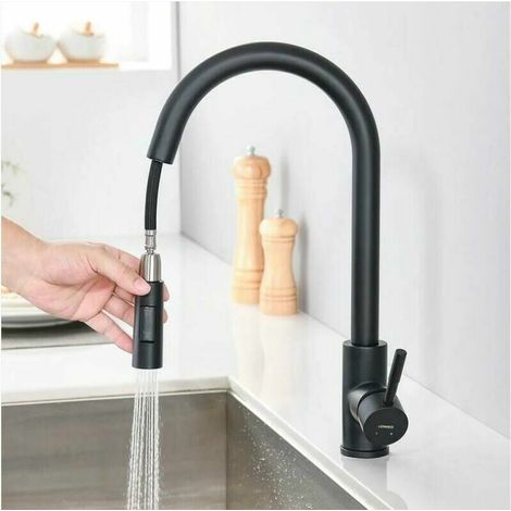 One Piece Kitchen Faucet with Pull Out Spray Matte 360° Swivel Stainless Steel Kitchen Sink Faucet 2 Functions Kitchen Faucet (Black) (1/5)