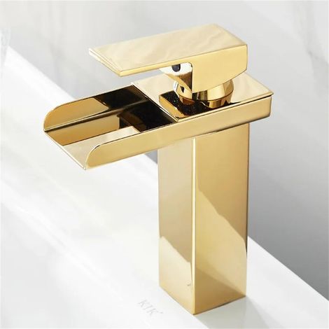 Goldene Wasserfall-Waschtischarmatur, Aufsatzarmatur für Badezimmer, Mischbatterie für Warm- und Kaltwasser (1/5)