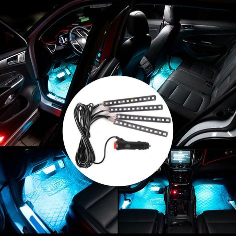 Lot 4x 12SMD Ruban LED RGB Intérieur Voiture 12V Lumière d'Ambiance Pied avec Télécommande (Bleu Glacier) (1/5)