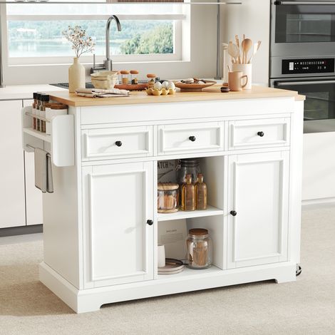 Îlot de cuisine sur roulettes 112-188x45x92cm avec table à manger extensible,3 tiroirs,porte-épices et rangements,MDF blanc (1/5)
