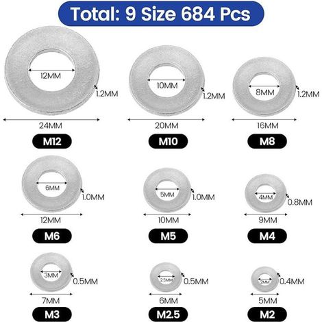 BASVII 684 Pièces Inox Rondelles Plates Metal, pour Gonds de Porte, 9 Tailles Rondelles Acier Inoxydabl 304 - M2 M2.5 M3 M4 M5 M6 M8 M10 M12 Rondelle Carrossier Inox