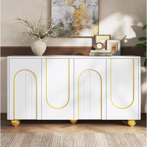 Buffet de rangement 4 portes avec décor arche doré 140x40x74 cm en MDF et panneaux, blanc REDOM (1/5)