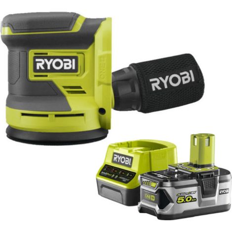 Confezione RYOBI 18V OnePlus RROS18-0 Levigatrice eccentrica - 1 batteria 5.0Ah - 1 caricatore rapido RC18120-150