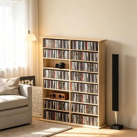 Étagère CD DVD Blu-ray naturelle 16 compartiments, 12 étagères réglables, jusqu’à 720 CD (1/5)