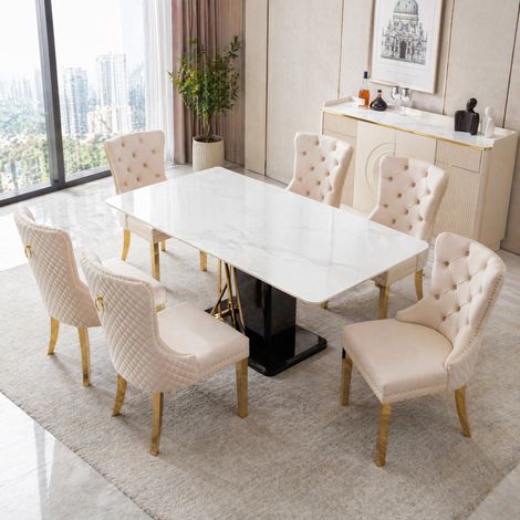 Chaise de salle à manger en velours beige avec pieds en acier inoxydable doré HAVRYA (1/5)