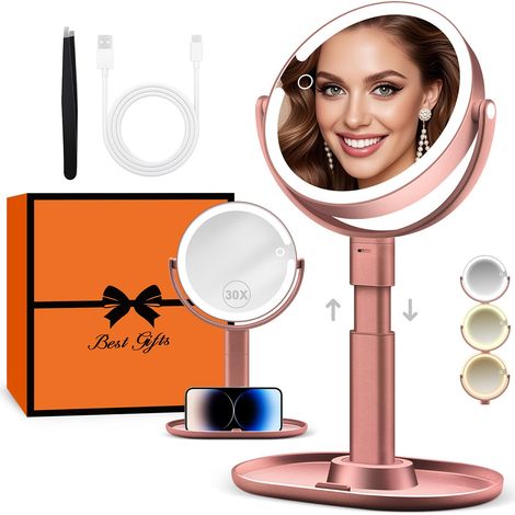 Miroir de Maquillage Éclairé 30X avec 3 Lumières de Couleur, LED à Intensité Variable et Réglable en Hauteur, Miroir Cosmétique 2 Côtés pour Salle de Bain, Cadeau pour Femme Or Rose (1/5)