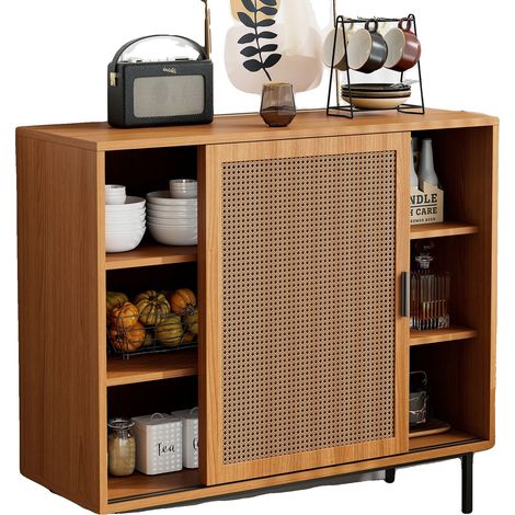 Buffet, 2 Portes Coulissantes, Étagère Réglable, Noyer - Panneau de particules (1/2)