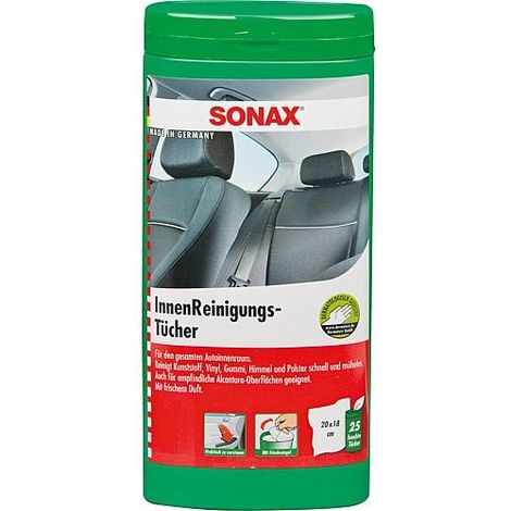 Lingettes nettoyantes SONAX pour l'intérieur de voiture, 25 pièces en boite plastique