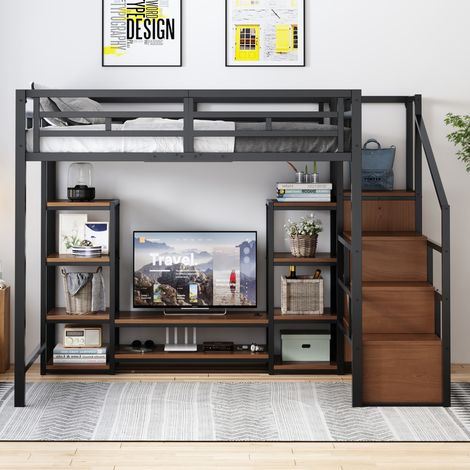 Etagenbett 140/200 cm mit TV-Ständer, Steckdose und Stauraumleiter, modernes platzsparendes Design (1/5)