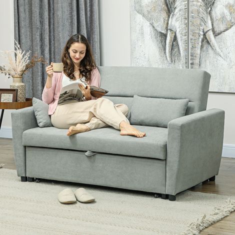 Canapé convertible 155x90x88.5 cm gris clair en bois et tissu avec dossier réglable et coussins (1/5)