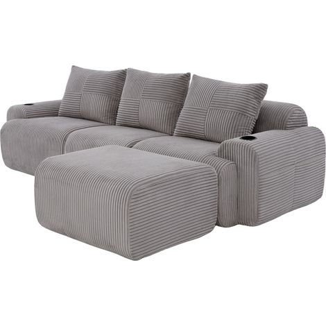 Canapé modulaire 3 places en velours côtelé gris clair avec porte-gobelet et poche latérale de rangement (1/5)