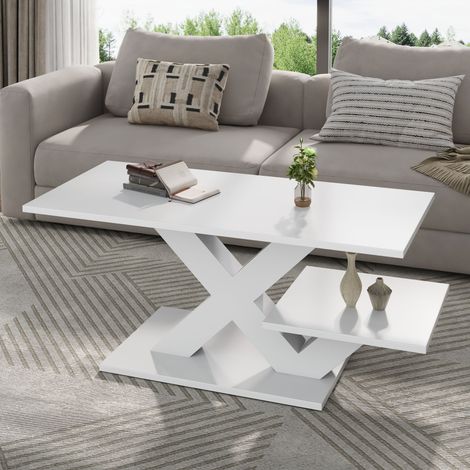 Table basse rectangulaire 100 x 48 x 45 cm, double plateau, pieds géométriques en X, style moderne, table d’appoint salon, MDF laqué brillant blanc (1/5)