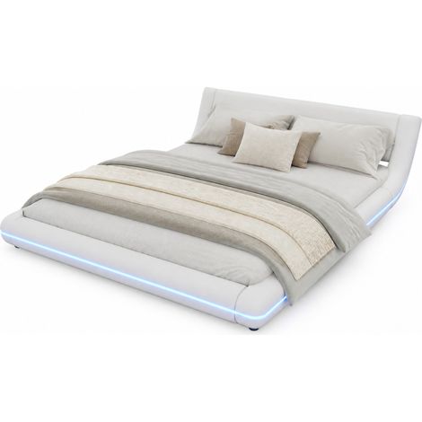 Lit au sol 160x200 cm, cadre PU blanc avec LED d’ambiance multicolore, sommier à lattes, style moderne facile à nettoyer pour chambre cosy et stable - CHICFURN (1/5)