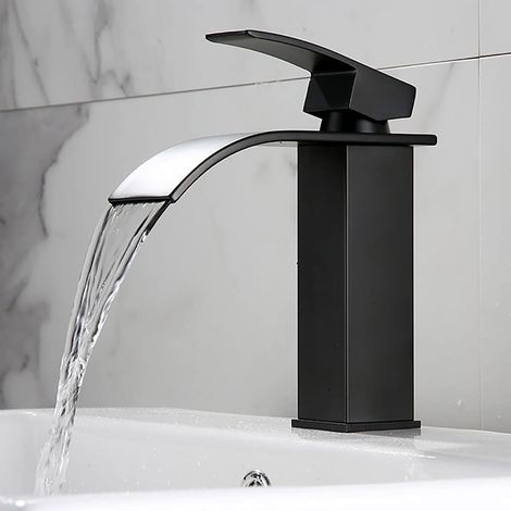 Wasserfall-Waschtischarmatur in Mattschwarz, Einloch-Einhebel-Waschtischarmatur, langlebiger, oxidationsbeständiger Edelstahl, elegantes Design (1/5)