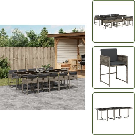 The Living Store Ensemble à manger de jardin 11pcs avec coussins gris poly rotin - Salon De Jardin - Set De Jardin - Meuble De Jardin - Table De Jardin - Chaises De Jardin
