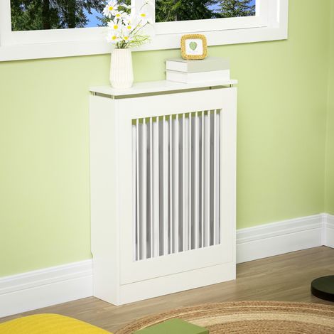 Cache-radiateur moderne en MDF peint avec étagère supérieure, idéal pour le salon ou la chambre, 60 x 18 x 84 cm, blanc.