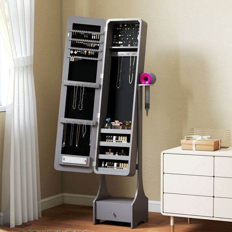 Gris - Miroir à bijoux doté de lumières LED Armoire à bijoux avec miroir à angle réglable complet Lumières automatiques en éteint