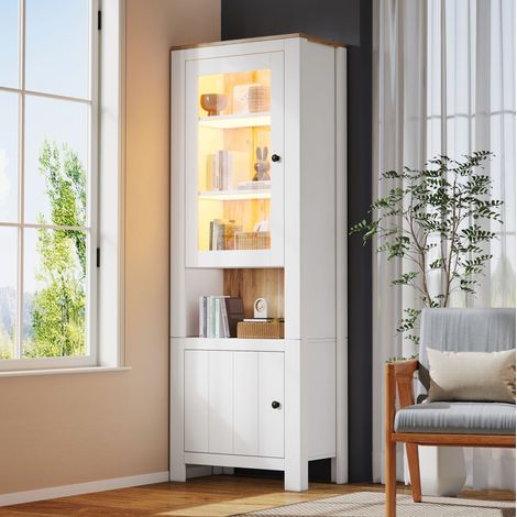Vetrina alta 70 x 40 x 188 cm con LED, 2 porte, bianco e legno naturale DESVIAE (1/5)