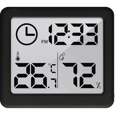 Termometro e igrometro digitale con funzione orologio, che visualizza la temperatura e l'umidità ambiente (nero). (1/4)