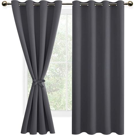 Lot de 2 Rideaux Occultants avec Embrasses Rideau Thermique Isolant Anti Froid à Oeillets, Rideau Opaque de Couleur Foncée, 140x175 CM (Largeur x Hauteur), Gris Foncé (1/5)