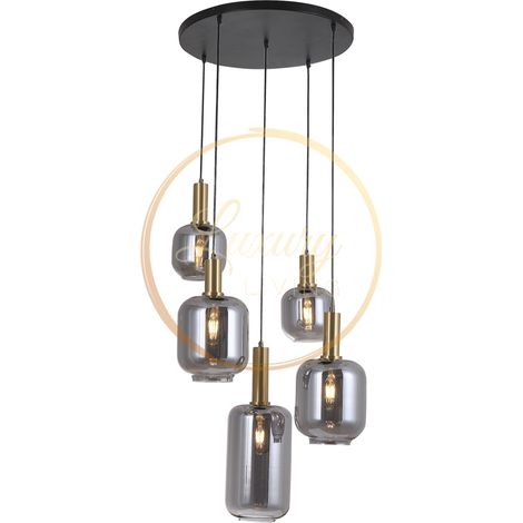 Suspension Luminaire 5 Lampes en Verre Fumé Foncé avec Détails Dorés, Plaque Ø 50 cm - PANGIVO