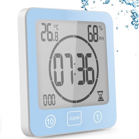 Horloge de Salle de Bain,Minuterie de Douche Numérique à Ventouse, Horloge de Douche étanche avec Hygromètre et Thermomètre,Fonction Compte à rebours, Alarme Numérique LCD,pour Cuisine Maquillage-Bleu (1/5)