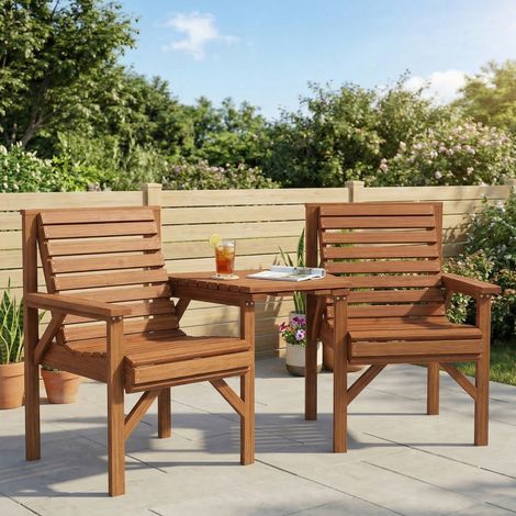 Ensemble bistro en bois 3 pièces, mobilier de jardin résistant aux intempéries avec structure à lattes, trou pour parasol, finition carbonisée (1/5)