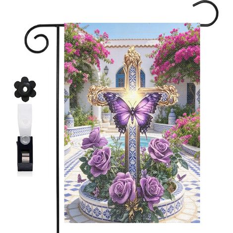 Drapeau de jardin arche de jardin et croix dorée 30 x 45 cm décoration porche et entrée (1/5)
