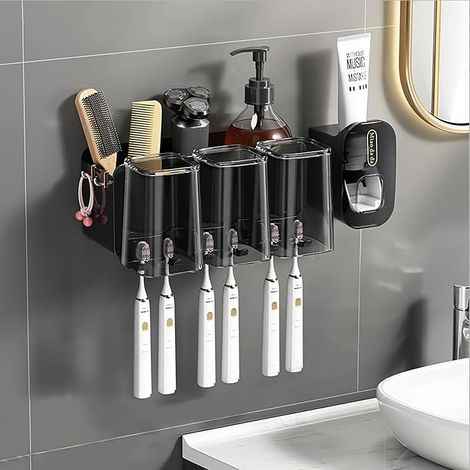 Support Brosses À Dents - Distributeur De Dentifrice Automatique - 3 Gobelets Égouttants - Montage Mural Sans Perçage - 1 Pièce (1/5)