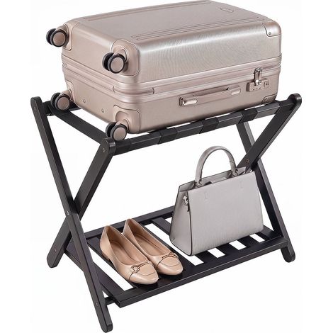 Bamboo Folding Luggage Rack with Straps and Shelves (1/5)