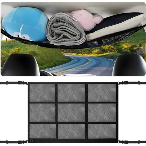 Filet de Rangement Voiture, 90×65cm Filet de Rangement Toit et 3 Poches Zippées, Universel Maille Sac pour Toit de Voiture Intérieur Filet Élastique, pour à la Plupart des Véhicules Courants, SUV, Van (1/5)