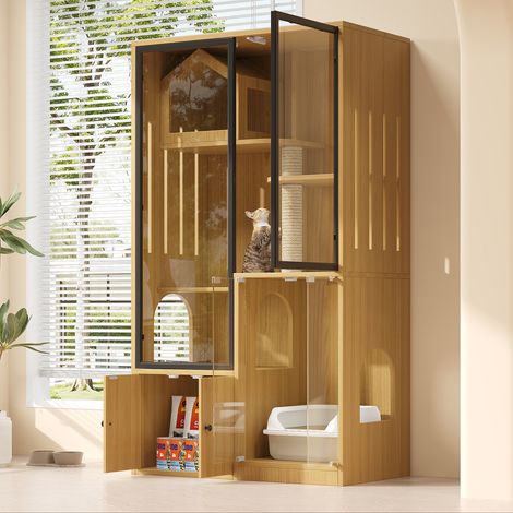 Cage pour chat en verre, villa d'hiver 4 étages pour petit animal, abri bois d'érable jaune 90x50x160cm avec griffoir intégré