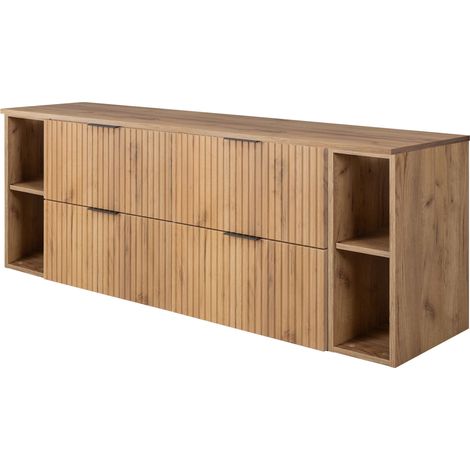 Furnidea - Meuble sous vasque FLOW CHÊNE 160 cm avec 2 x l'étagères - extensions et plan - 4 tiroirs - façades rainurées
