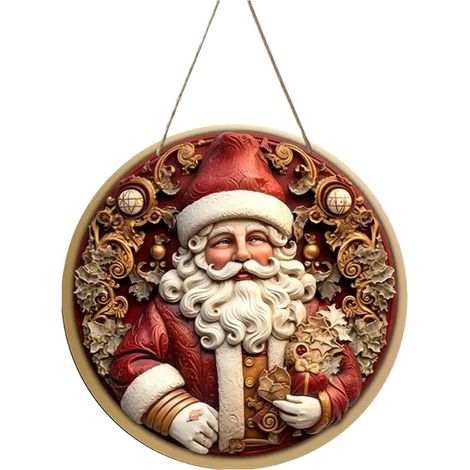 Ornement En Bois Ronde Pere Noel - Décoration Murale Porte Intérieure Salon Chambre - 20 cm - 1 Pièce (1/5)