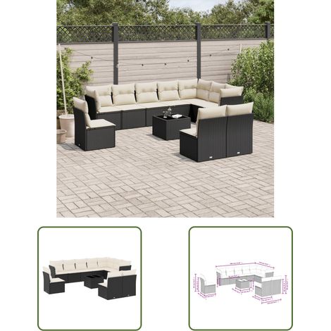 The Living Store 11-tlg. Garten-Sofagarnitur mit Kissen Schwarz Poly Rattan - Gartenmöbel Set - PE-Rattan Möbel - Outdoor Sofa - Esstisch - Lounge Garnitur (1/3)