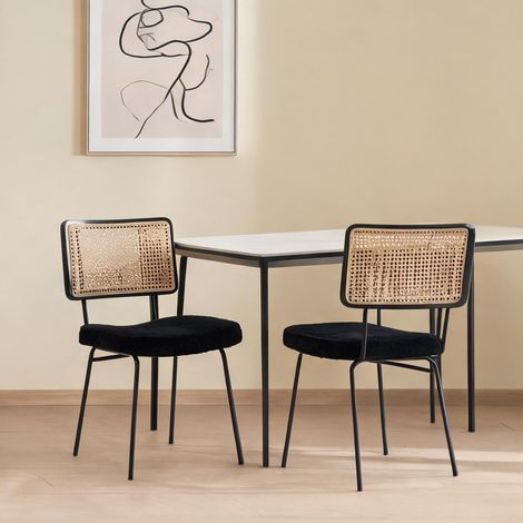 Lot de 2 chaises de salle à manger en chenille noir et bois (1/5)
