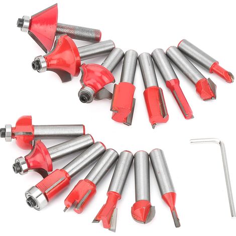Jeu de 15 fraises à bois avec queue de 8 mm, kit de défonceuse, fraises à profiler pour menuiserie, coffret rouge (1/5)