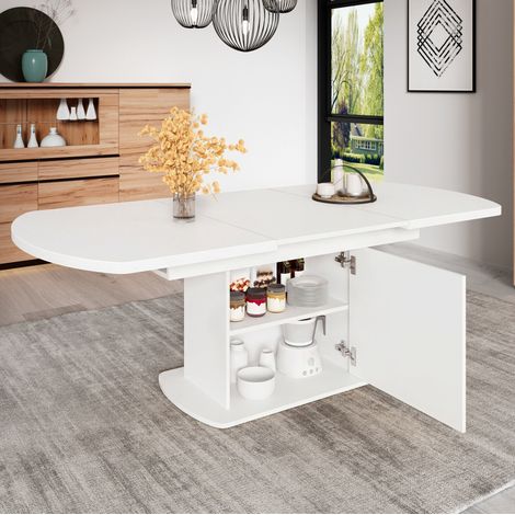 Ausziehbarer Esstisch 140/200x80x75 cm Weiß aus Spanplatte mit Stauraum (1/5)