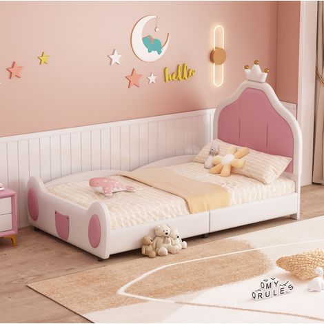 Polsterbett Kinderbett, 90200 cm, Kopfteil mit Kranzleiste, kindliche Leistengestaltung am Kopf- und Fußende des Bettes, zweifarbiges Patchwork-Design, Kunstlederstoff, Weiß (1/5)