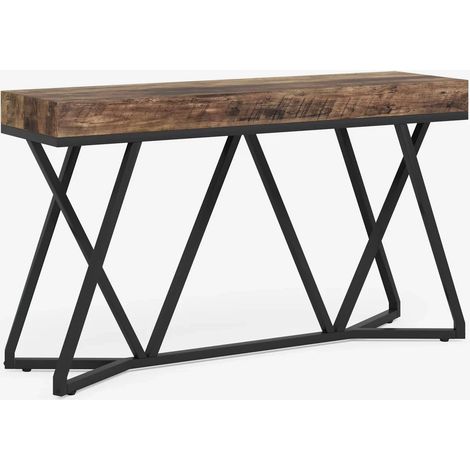 Table console style ferme avec plateau aspect bois et cadre métal noir 140 x 30 cm (1/5)