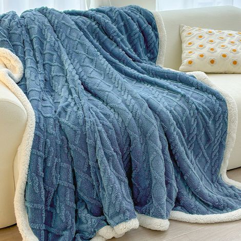 Couverture d'hiver en taffetas, couverture épaisse en peau de mouton et polaire corail, couverture de sieste au bureau (180x200cm)bleu (1/5)