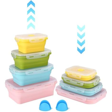 Lot de 4 boîtes à lunch pliables en silicone, rangement pliable, sacs de conservation alimentaire, compatibles micro-ondes, lave-vaisselle et réfrigérateur (Rose/Jaune/Vert/Bleu) (1/4)