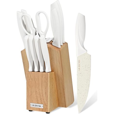 13-Piece Knife Set White – Knife Block with Integrated Sharpener, High Carbon Steel, Ergonomic Non-Slip Handles, Dishwasher Safe (1/5)