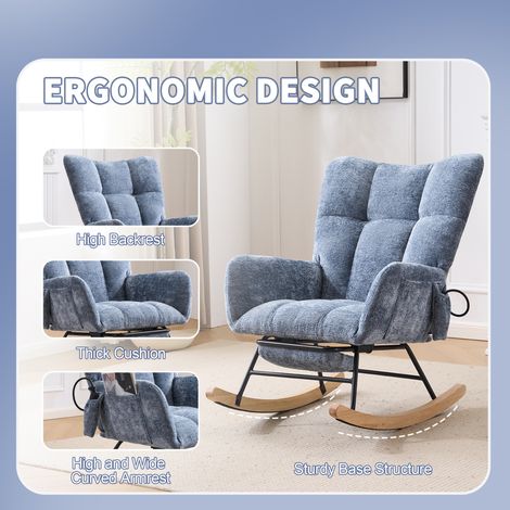 Chaise à bascule 63x92x89 cm en tissu chenille bleu avec poche de rangement, pour salon (1/5)