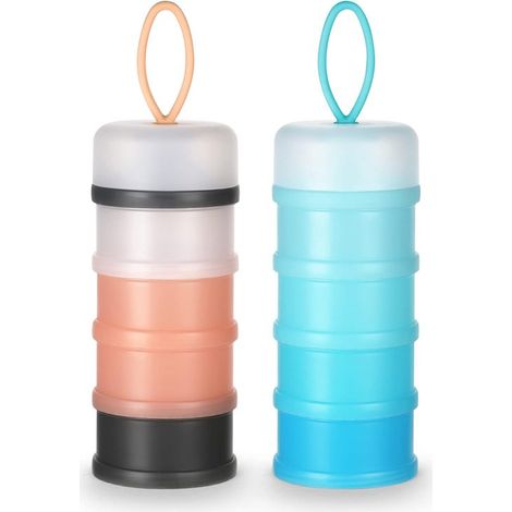 Dispensador de leche en polvo para bebés，2 piezas，4 niveles，120 ml por nivel，compartimentos translúcidos，gris y rosa (1/5)