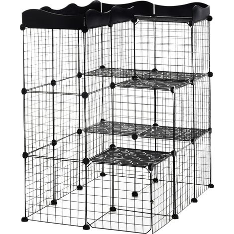 Cage modulable 3 ebenex 2 portes rampe pour petits animaux chats lapins fil métallique noir 105 x 70 x 116 cm