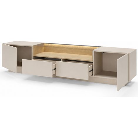 Mobile Porta TV Moderno Con 2 Ante 2 Cassetti Push To Open Vano A Giorno Con LED E Ripiano In Vetro Design Minimal Scandinavo 203 X 39.5 X 43.4 Cm Cashmere (1/5)
