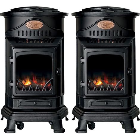 Poêle à gaz Provence en fonte 3400W Pack de 2 Noir Effet feu Chauffage d'appoint gaz sur roues (1/5)