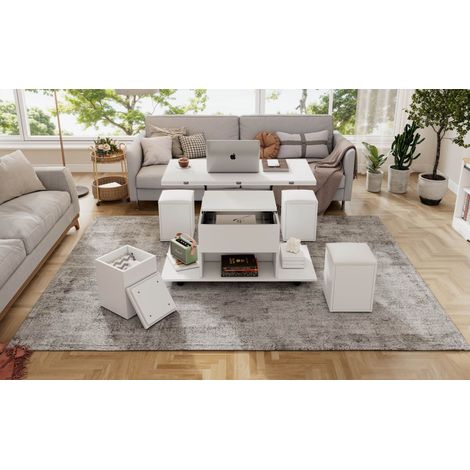 Table basse relevable multifonction 3 en 1 100x50 cm avec rangement, convertible en table à manger bureau, 4 tabourets et roulettes (1/5)